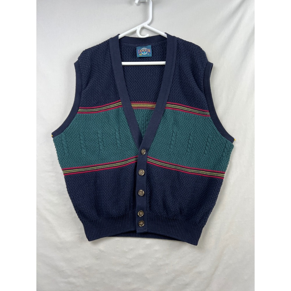 Vintage 90s Jantzen Sweater Vest Mens Large Navy Blue Teal Colorblock  USA Made